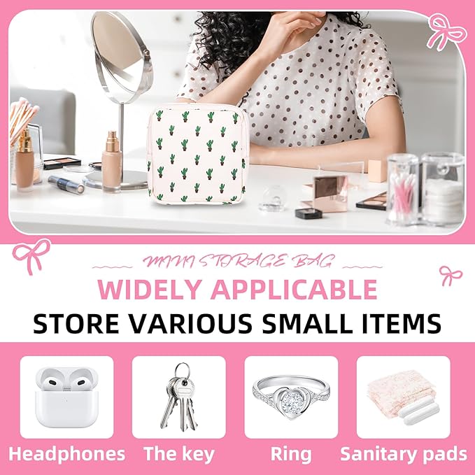 Sanitary Napkin Storage Bag,Period Bag,Portable Period Bag for Teen Pads Sanitary Napkins Small Tampons First Period Gifts for School Hygiene Bags Travel Containers (Cactus)