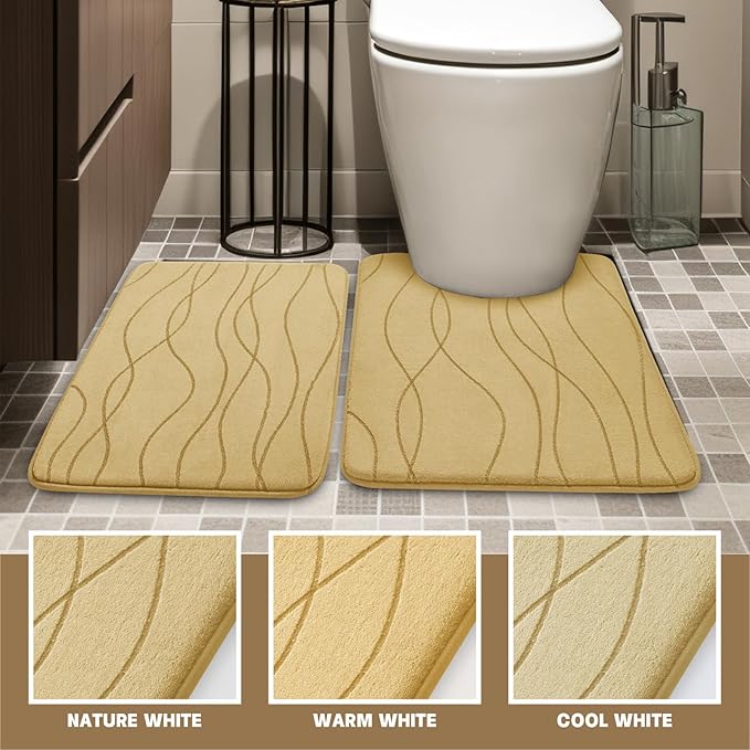 YIHOUSE Memory Foam Bathroom Rug Sets 2 Piece, Ultra Absorbent Bath Mat for Bathroom - Non-Slip Machine Washable & Dry Quickly, 2 Piece Bathroom Mat Set,Beige