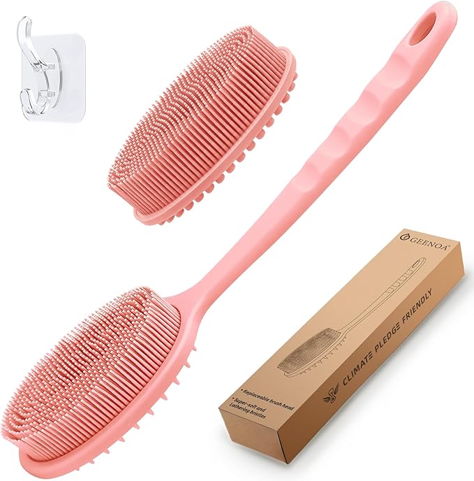 Silicone Back Scrubber for Shower, Gentle Shower Scrubber for Lathering, Softe Silicone Loofah with Two Replaceable Brush Heads, Good for Kids, Sensitive Skin(Pink-Two Heads)