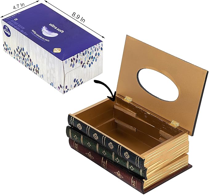 Crafted Classical Retro Wooden Antique Book Tissue Box Cover Rectangular Tissue Holder Dispenser Paper Cover Case Napkin Holder Home Decor for Bathroom Living Room Office car Kitchen (Dark Green)