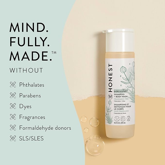 The Honest Company 2-in-1 Cleansing Shampoo and Body Wash for Sensitive Skin, Tear-Free, Hypoallergenic with Naturally Derived Ingredients, Fragrance-Free, 10 fl oz