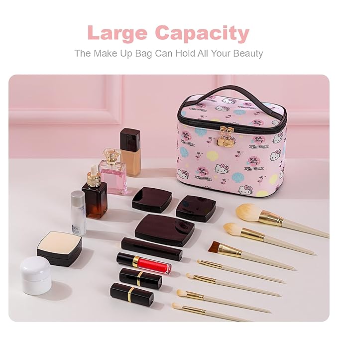 Vimanllie Cosmetic Bag Large Makeup Bag |Travel Toiletry Bags Organizer for Women | Pink Canvas Case with Brush Holder for Girls - Beauty Organizer for Home & Travel with Handle