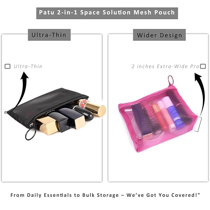 patu Mini Zipper Mesh Bags, 4" x 5", Size S / A7, 5 Pieces, Beauty Makeup Lipstick Cosmetic Accessories Organizer, Small Travel Kit Storage Pouch, Assorted Colors