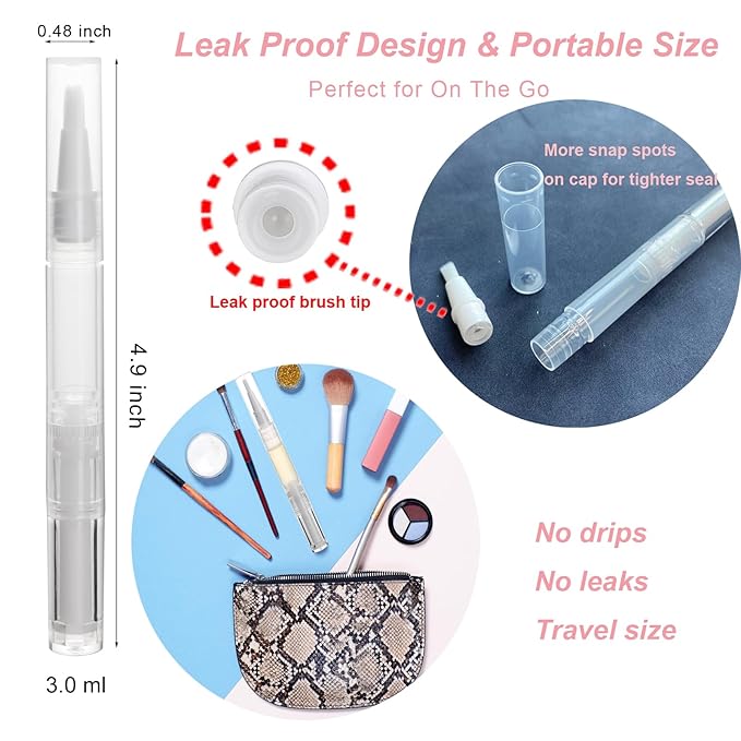 12 Pcs 3ml Empty Cuticle Oil Pens, Fillable Nail Oil Pen with Brush, Transparent Twist Pens, Lip Gloss Cosmetic Container