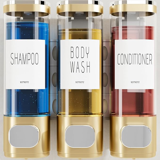VITVITI Shampoo and Conditioner Dispenser for Shower Wall, Shower Soap Dispenser 3 Chamber No Drill Wall Mounted, 10.2 OZ Plastic Refillable Shower/Body Wash Bottles for Bathroom (Glod)