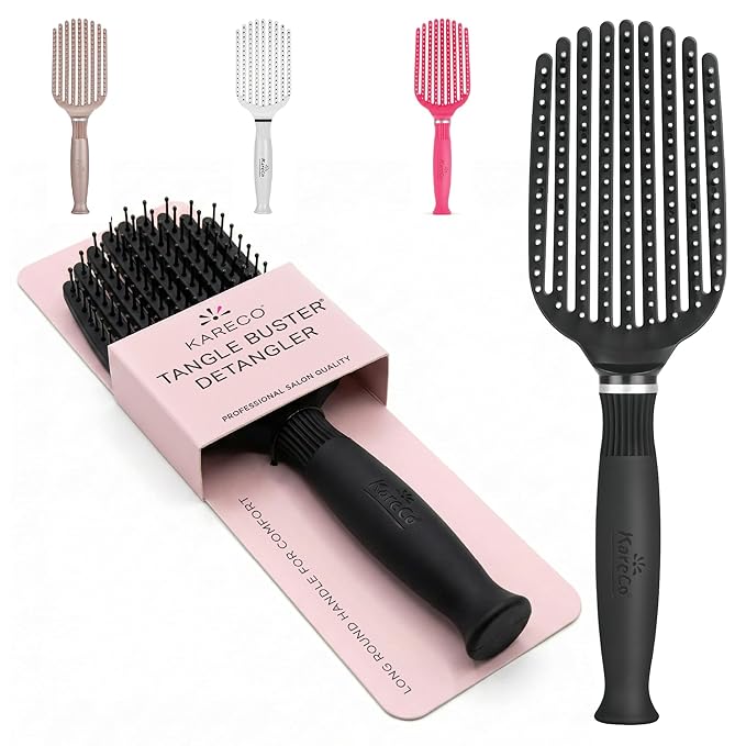 Premium Tangle Buster Brush – Soft Nylon Travel-Friendly Bristles – Long Durable Rubber Handle – Ideal for Wet and Dry Hair & Easy Grooming, Black Color