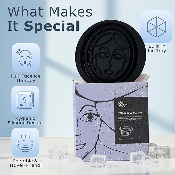 Facial Cold Plunge™ | Collapsible Silicone Ice Facial Bowl with Built-In Ice Tray | Portable Face Ice Bath for Skin Tightening, Puffiness, Acne Relief & Glow (Soft Pink) (Dark Blue)