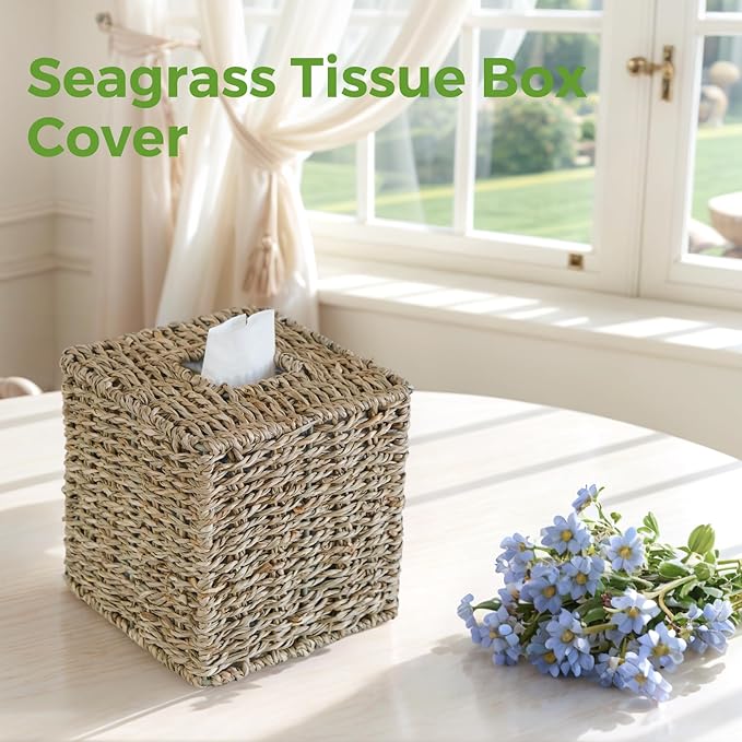 2 Pack Seagrass Tissue Box Cover, Wicker Tissue Box Holder Square, Hand Woven Cube Tissue Box Cover Tissue Holder for Bathroom Living Room Kitchen Office, Natural