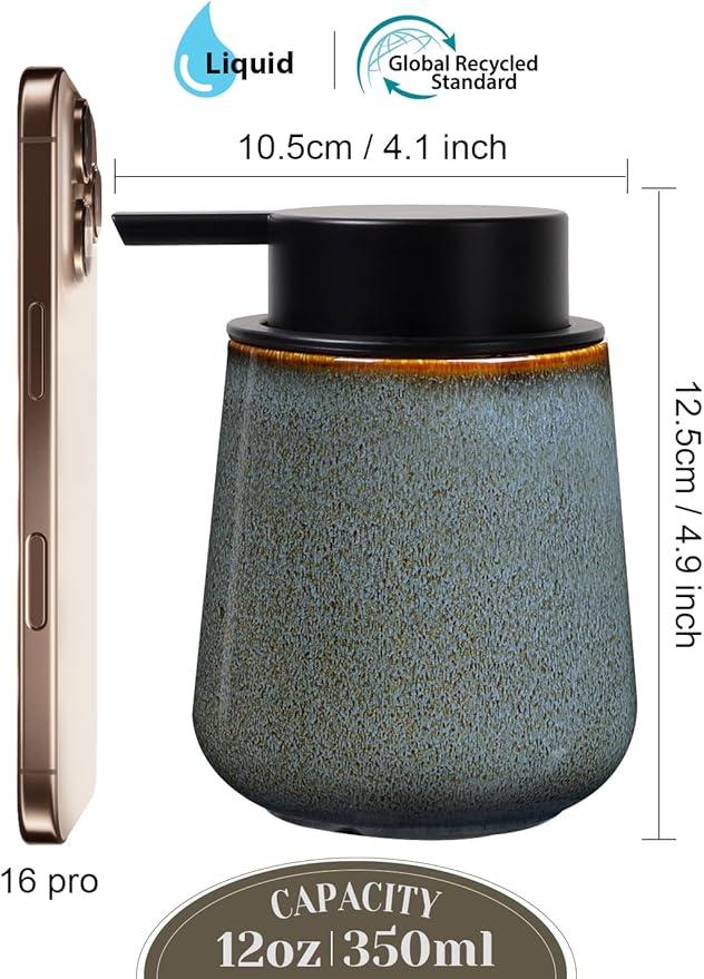 INGOFIN Ceramic Lotion Dispenser - 12 oz Refillable Hand Soap Dispenser Bathroom, Modern Liquid Dispenser with Pump, Dish Soap Dispenser for Kitchen,Kiln-Glazed Blue Green