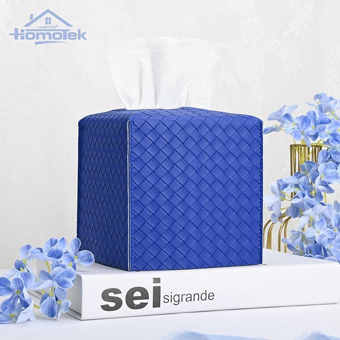 HOMOTEK 2 Pack Tissue Box Cover, Square PU Leather Tissue Holder, Decorative Facial Tissue Cube Paper Organizer Dispenser for Bathroom, Night Stands, Desk, Car 5X5X5'' - Woven Waffle,Blue
