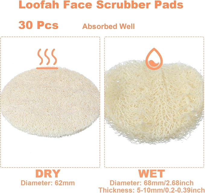30 Pcs Natural Loofah Sponge Pads, 2.36 Inch Exfoliating Body Facial Scrub Pads for Makeup & Dead Skin Masks Removal Washing Face, Exfoliator Scrub Brush for Men Women Bath Shower Spa