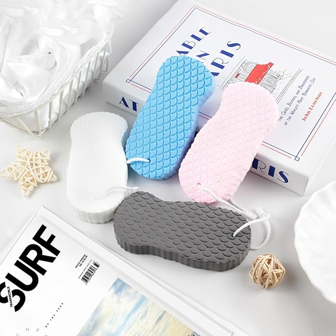4-Pack Exfoliating Bath Sponges – Super Soft Shower Sponge Set for Adults & Kids, Gentle Dead Skin Remover, Assorted Colors (Pink, Blue, White, Gray)