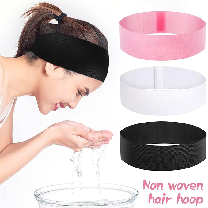 Pimoys 30 Count Disposable Headbands for Facials, Women's Skincare, Makeup, Bath, Sport, White, Black, Pink
