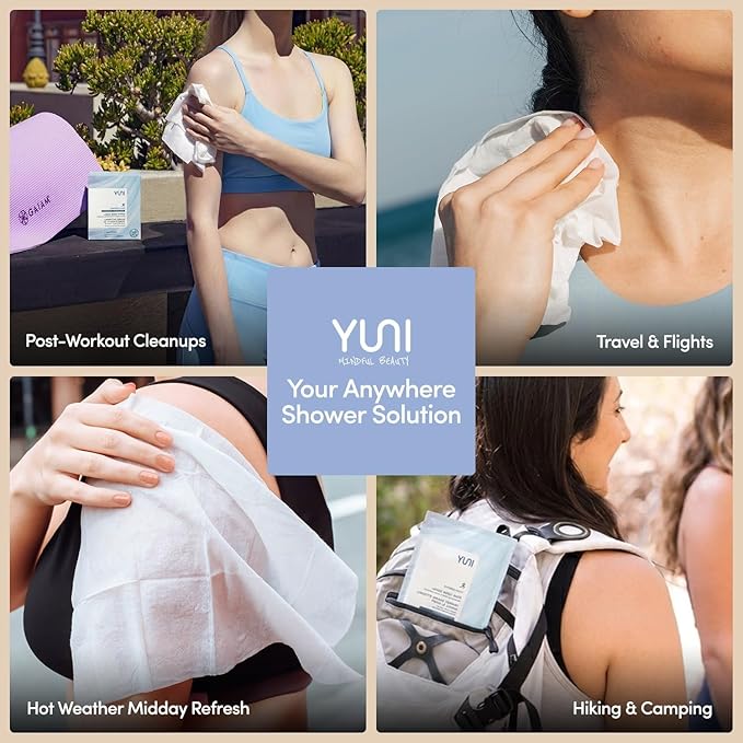 YUNI Beauty Large Body Wipes (Unscented, 30 Count) Super Soft Moist Showerless that Cleanse & Deodorize - On-the-Go Waterless Body Cleanser - Biodegradable Individually Wrapped Wipes for Travel