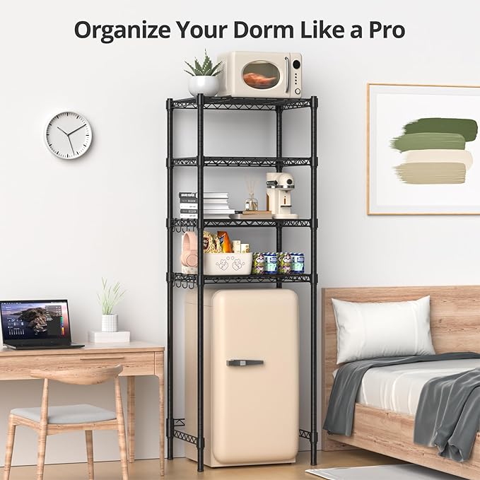 4-Tier Mini Fridge Shelf, Heavy Duty Adjustable Storage Shelf, Ultimate Organizer Rack for Mini Fridge, Microwave & Appliances, Maximizes Space Saver in Dorm, Kitchen, Office & Garage, Black