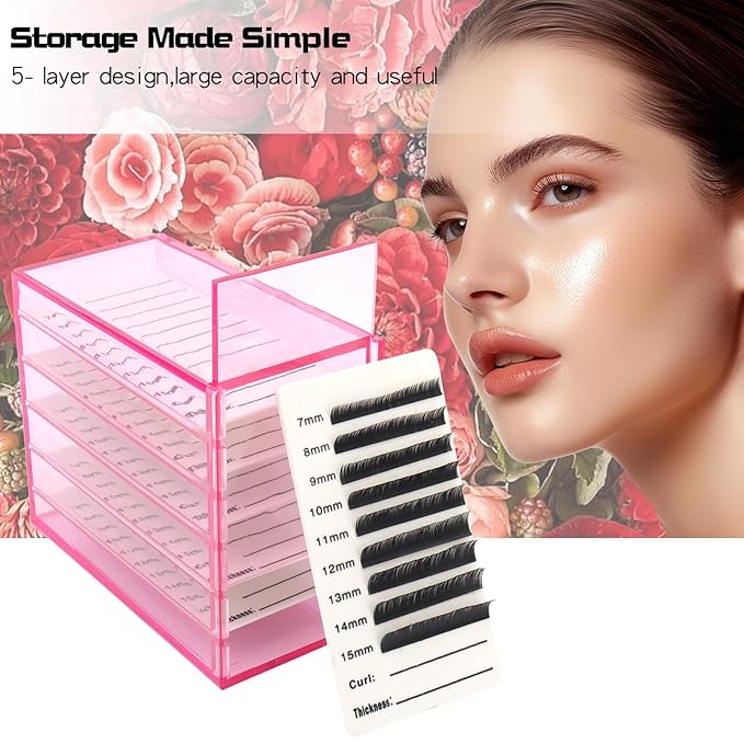 5 Layer Makeup Organizer Storage Box Clear Eyelash Storage Box Eyelashes Grafting Eyelash Extension Tool (Pink)