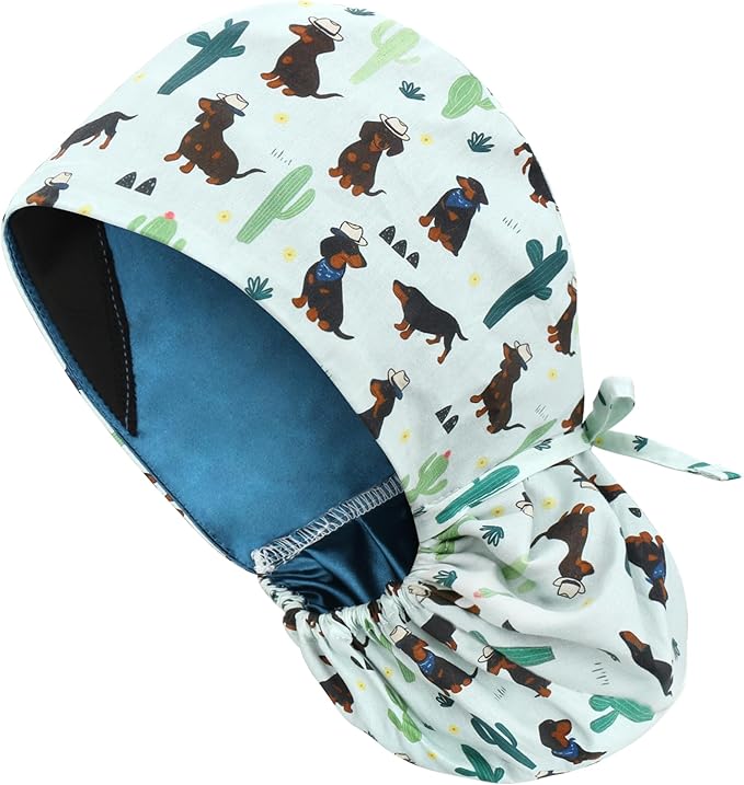 QBA Adjustable Working Cap with Button, Satin-Lined Hat, Cotton Working Hat Sweatband, Elastic Tie Back Hats Unisex