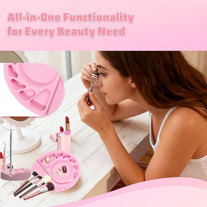 Makeup Palette, 5-In-1 Multifunction Silicone Makeup Mixing Palette with Spatula Artist Tool for Mixing Foundation Nail Art, Eyelash Glue, Cosmetic Makeup Foundation Blending Palette Pink