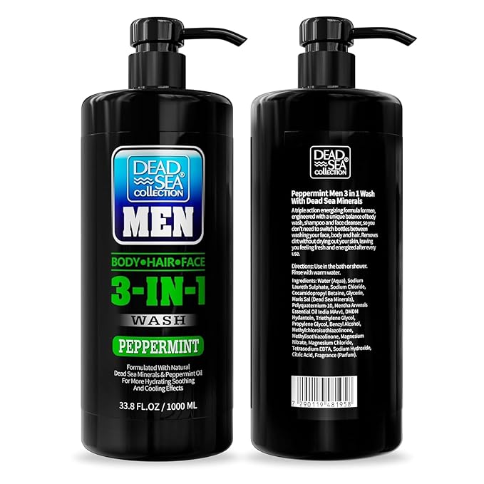 Dead Sea Collection Peppermint Men’s Body Wash – 3 in 1 Body Wash for Men for Hair, Face & Body – Moisturizing Shower Gel with Dead Sea Minerals – Pack of 2 (33.8 fl oz each)