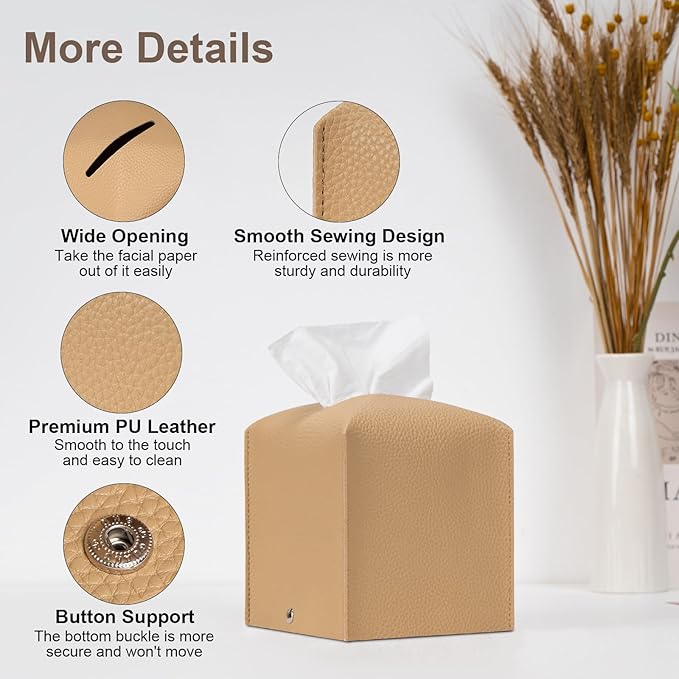 Aisoso 2 Pcs Square Cream Tissue Box Cover PU Leather Decorative Tissue Organizer Dispenser Holder for Bathroom, Desk, Home, Car, Office, 5.12" X 5.12" X 5.12"