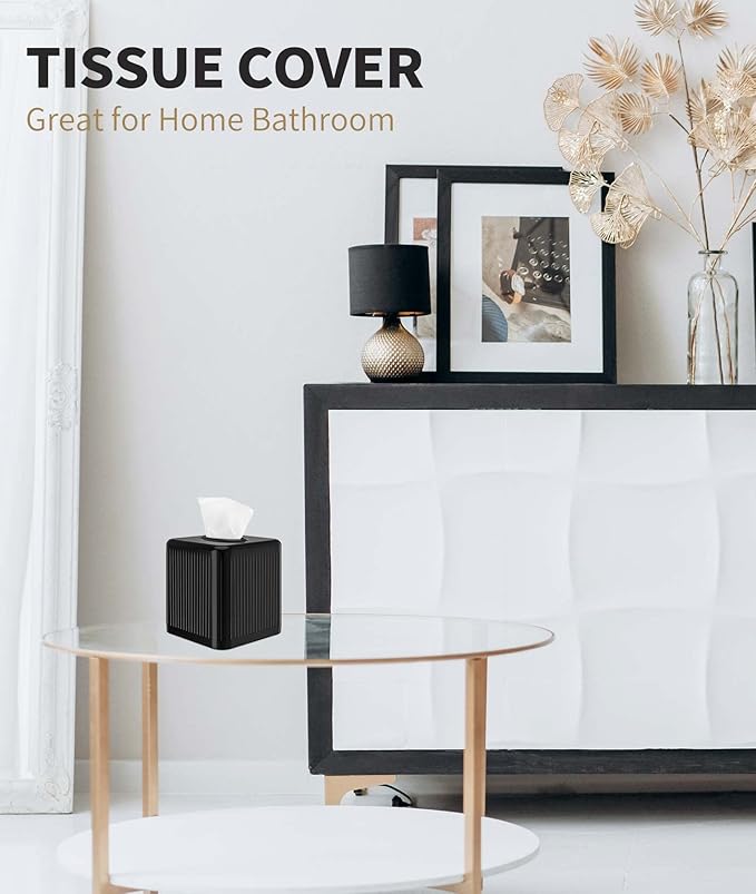 Livelab Square Plastic Tissue Box Holder with Base - Modern Cube Decorative Tissue Cover for Bathroom, Countertop, Living Room, Bedroom, Office - Black
