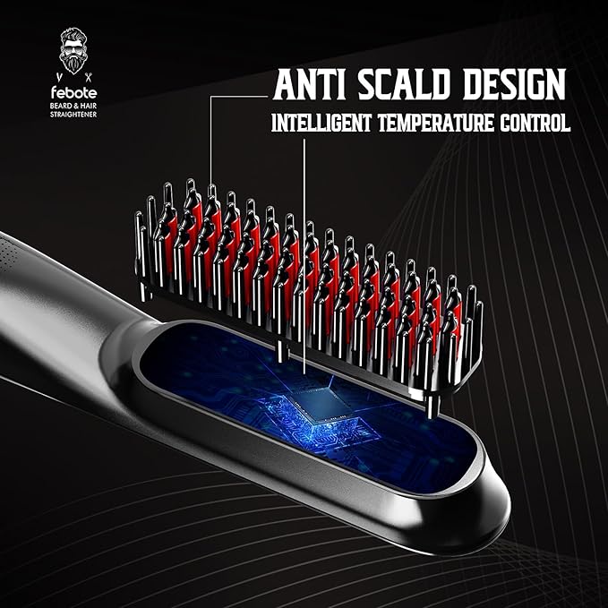 Heated Ionic Hair Straightening Brush for Men - 5 Temperature Settings, Anti-Scald, Beard Shaper & Travel Bag