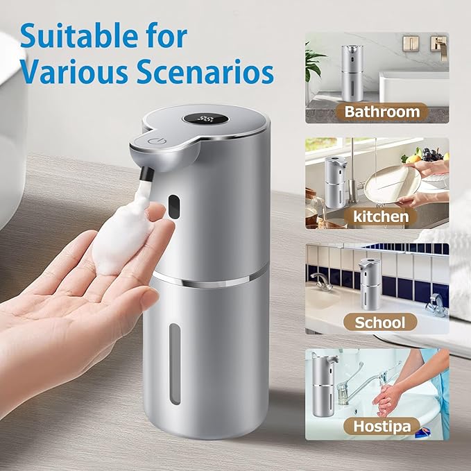 Automatic Foaming Soap Dispenser 12.8oz, Rechargeable & 6 Levels Foaming Adjustable with Digital Display, Wall Mount, Waterproof, Touchless Hand/Dish Soap Dispenser for Kitchen, Bathroom, Hotel