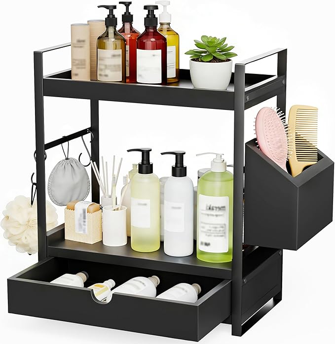 Kottwca Bathroom Counter Organizer with Drawer, 2-Tier Wood Countertop Organizer for Storage, Vanity Skincare Organizers, Bathroom Sink Shelf for Organization (Black)