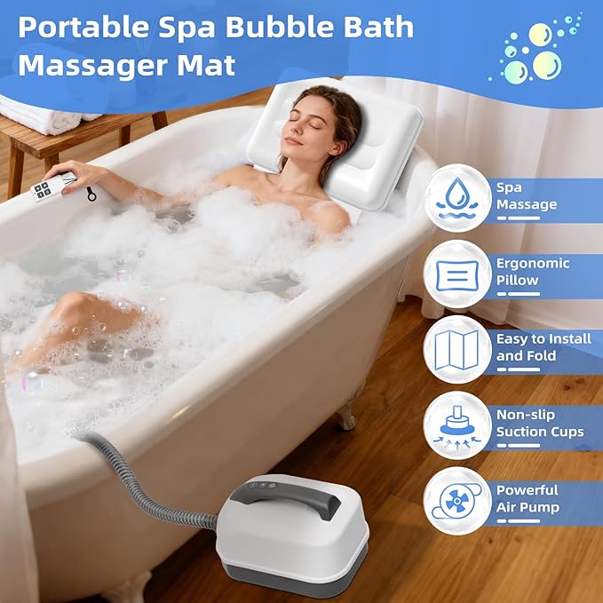 Iridesc Bubble Bath Mat Tub Spa Massager - Portable Spa Bubble Bath Massager with Remote Control, Upgraded Powerful Suction Cup, Pillow, Electric Air Pump, 6-Speed Bubbles for Home Relaxation