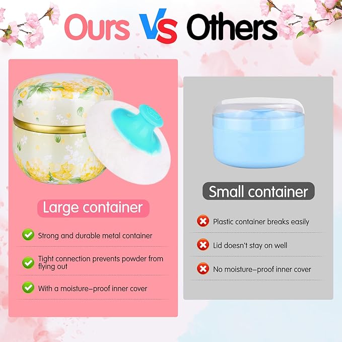 3 Pieces Body Powder Puff and Container, Baby Powder Container Floral Pattern with Large Fluffy Plush Puff Spoon, Baby Woman Loose Dusting Powder Tea Box for Home & Travel Use (Pink, Blue and Yellow)