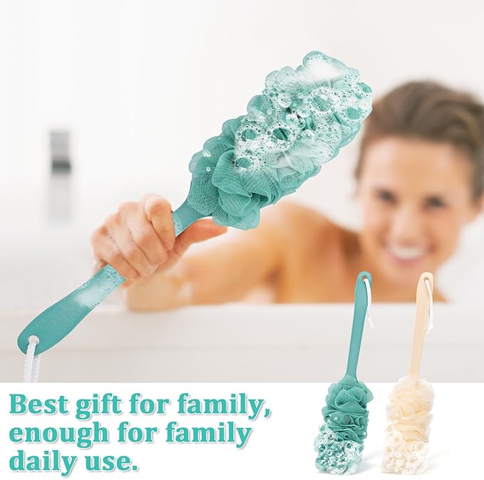 2Pack Back Scrubber for Shower Loofah with Long Handle, Shower Brush for Body, 17″ Loofah on a Stick for Men Women Bathing Accessories, Scrubber Sponge for Exfoliating Bath Brushes (Beige & Green)
