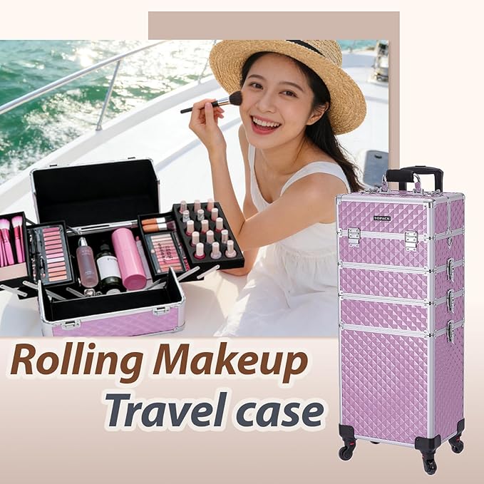 TOPACK Professional 4-In-1 Rolling Makeup Train Case, Large Makeup Travel Case with Key Shoulder Strap/Handle Cushion I Makeup Train Case Organizer I Cosmetology Case on Wheels I Pink