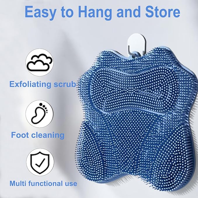 Shower Foot Scrubber, Shower Foot and Back Scrubber with Suction Cups, Shower Silicone Foot Washer for Exfoliating Massage（Blue）
