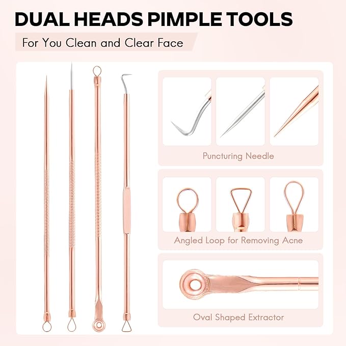FEITA Blackhead Remover Pimple Comedone Extractor Tool, Stainless Acne Tools Pimple Popper Removal Kit, Zit Whitehead Popping Needle for Nose & Face, Rose Gold 4Pcs