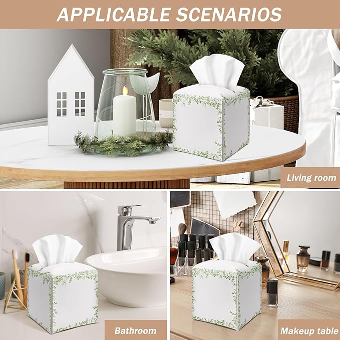 Greenery Tissue Box Cover Square with Bottom Belt, Leather Waterproof Tissue Holder Facial Paper Case Decorative for Tabletop Home Office Bathroom Car Decor -03