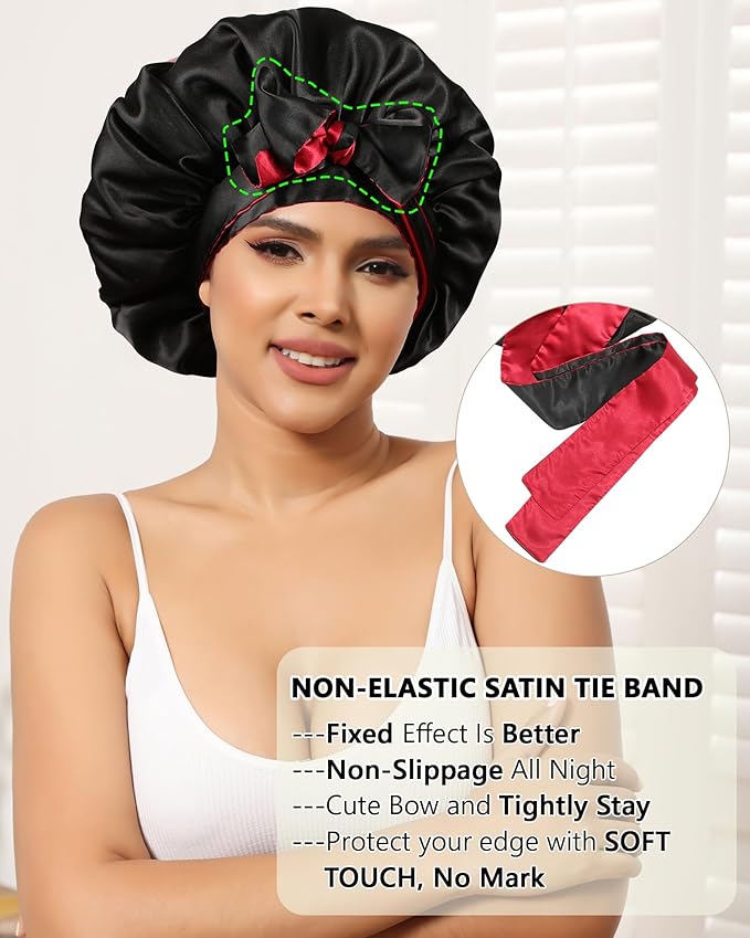 Satin Bonnet Silk Hair Bonnets for Women Curly Hair Wrap for Sleeping - Reversible With Tie Band Night Cap Double Layer for Curly Hair (Black + Red)