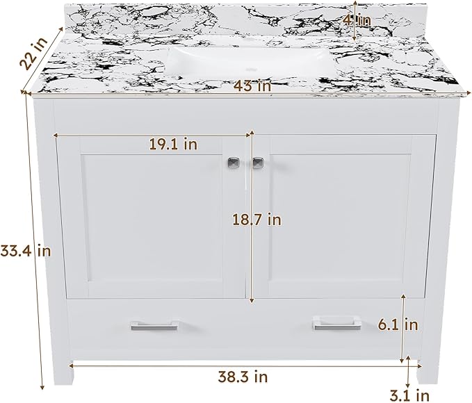 Montary 42" Bathroom Vanity with 43" Artificial Marble Black White Top, Modern Stylish MDF Bathroom Storage Cabinet, Vanity Set with 2 Doors and One Large Divided Drawer, White (Single Hole)