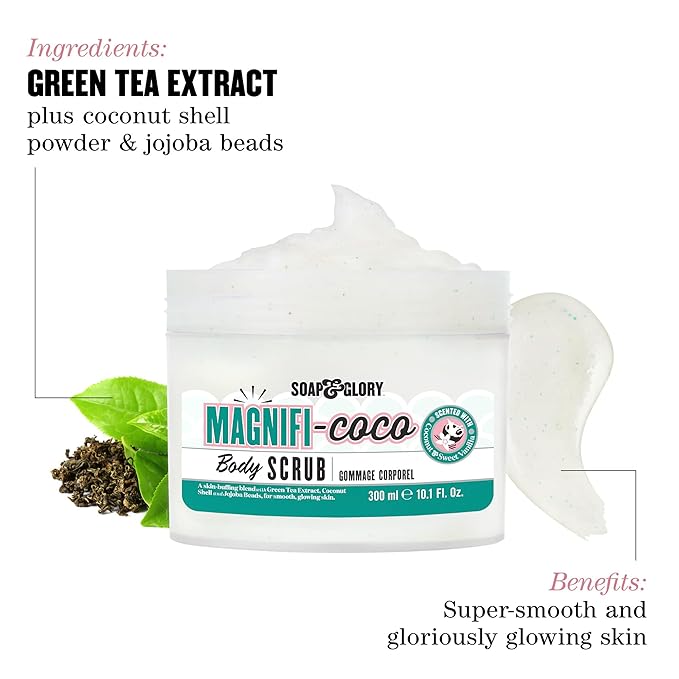 Soap & Glory Magnificoco Buff and Ready Coconut Body Scrub - Smoothing & Buffing Body Scrub - Coconut Scented Body Polish - Brightening with Green Tea Extract (300ml)