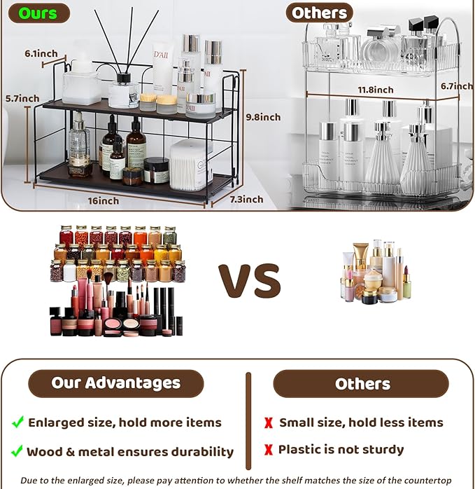 Bathroom Counter Organizer 10s Tool-Free Install, 2 Tier Bathroom Organizers and Storage, Collapsible Bathroom Organizer Countertop, Wood Bathroom Kitchen Countertop Organizer, Black