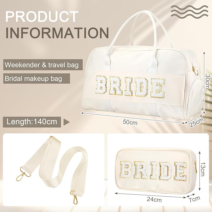 2 Pcs Wedding Weekender Bag Bride Groom Duffle Bag Chenille Letter Patch Travel for Bridal Shower Honeymoon Gift(Bride,White)