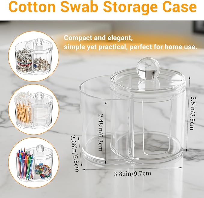 Yolev Qtip Holder with Dual Compartments Clear Cotton Round Holder Plastic Vanity Canister with Removable Dustproof Lid Cotton Swab Container for Cottons Swabs Makeup Storage Container Accessories