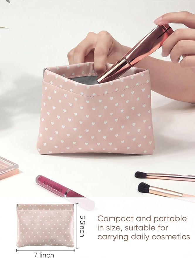 Hearts Leather Makeup Pouch Set for Women Small Make Up Bag for Purse Waterproof Initial Makeup Cosmetic Bags Pouches for Purse Aesthetic Travel Toiletry Bag,Nude Pink