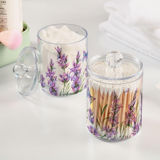 ALAZA 4 Pack Qtip Holder Dispenser for Cotton Ball Lavender Flower Purple Cotton Swab Round Pads Clear Plastic Acrylic Jar Set Bathroom Canister