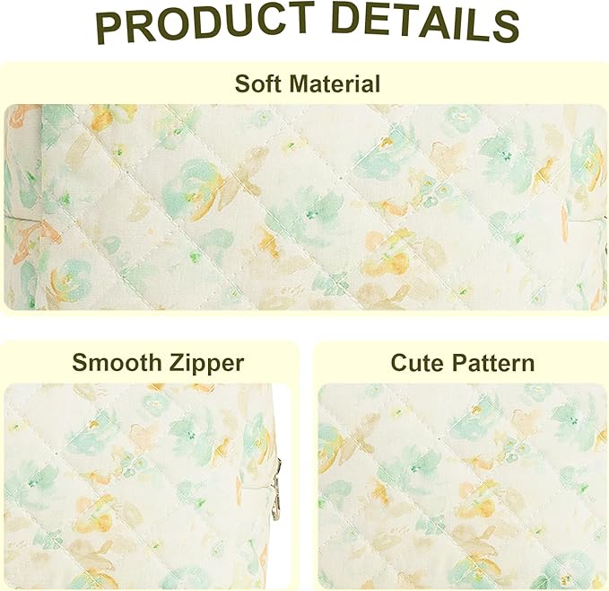 Quilted Makeup Bag Floral Cotton Make up Bag Puffy Coquette Makeup pouch Aesthetic Cute Travel Toiletry Bag for Women Girls