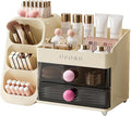 Makeup Organizer for Vanity with Brush Holder, Countertop Skincare Organizer with 2 Drawers, Spacious Cosmetic Display Case for Perfumes, Eyeshadow Palettes, Nail Polishes