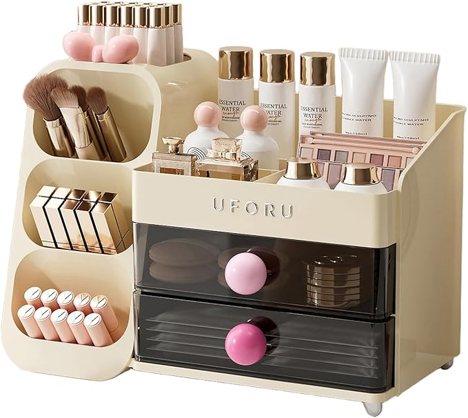 Makeup Organizer for Vanity with Brush Holder, Countertop Skincare Organizer with 2 Drawers, Spacious Cosmetic Display Case for Perfumes, Eyeshadow Palettes, Nail Polishes