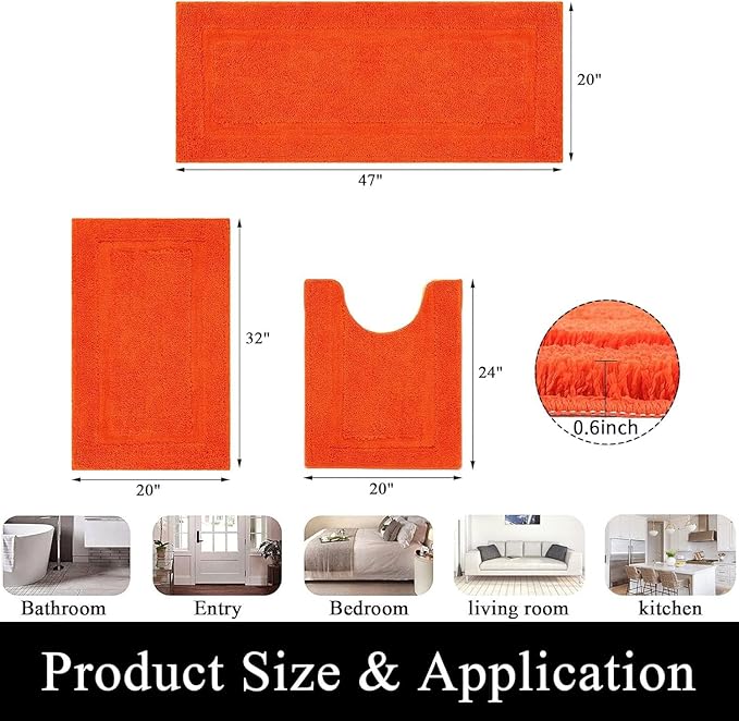 SHACOS Orange Fall Bathroom Rugs Sets 3 Piece, 20"x32" + 20"x47" Non Slip Bath Mat and 20"x24" Toilet Rugs U Shaped Washable, Soft Fluffy Water Absorbent Bathroom Floor Mat
