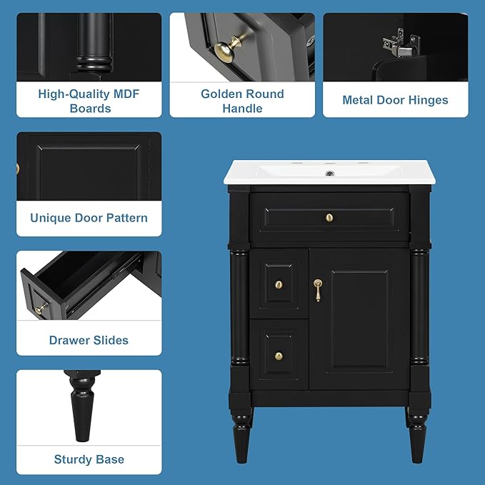 Harper & Bright Designs 24" Bathroom Vanity with Sink, Free Standing Bathroom Vanity Set with Flip Drawer, 2 Drawers, and Adjustable Shelf, Wood Storage Cabinet with Ceramic Basin for Bathroom, Black