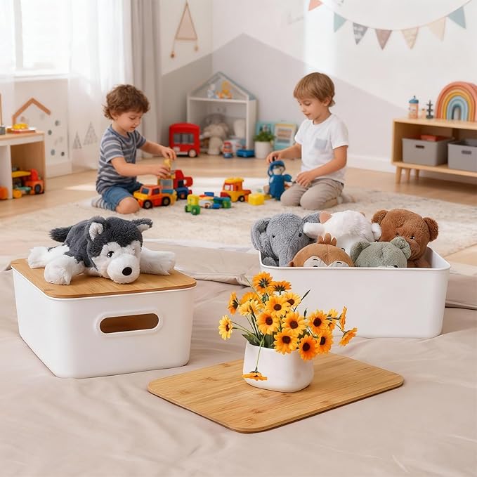 Citylife Storage Bins with Bamboo Lids 13QT Plastic Storage Containers Stackable Organizer Boxes with Handle for Desk Snacks, Toys, 4 PCS, 14" L x 10.6" W x 6.18" H