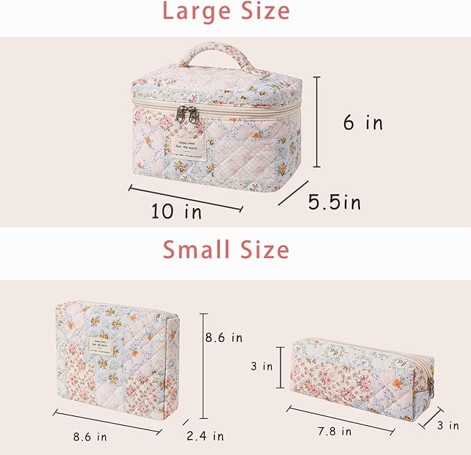 uekeboag 3Pcs Quilted Cotton Makeup Bag,Coquette Quilted Toiletry Bag for Women and Girls,Floral Coquette Pouch,Cute Kawaii Travel Cosmetic Bags(3Pcs pink flower)